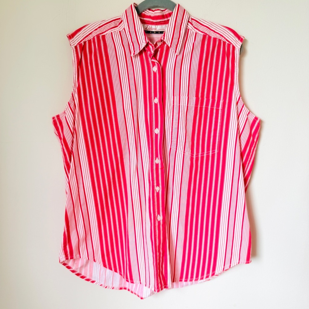 Vintage Sleeveless Red White Button Down Blouse Top Summer Beach Preppy 16